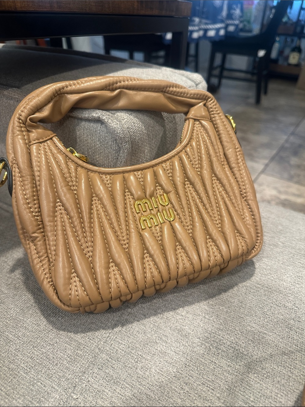 Camel Quilted Leather Mini Shoulder Bag with Gold Hardware